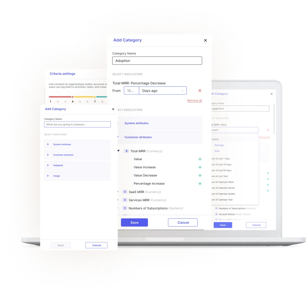 Side panels for adding a category and configuring indicators, with aggregation and period settings.