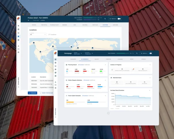 Supply chain dashboard over a photo of stacked shipping containers.