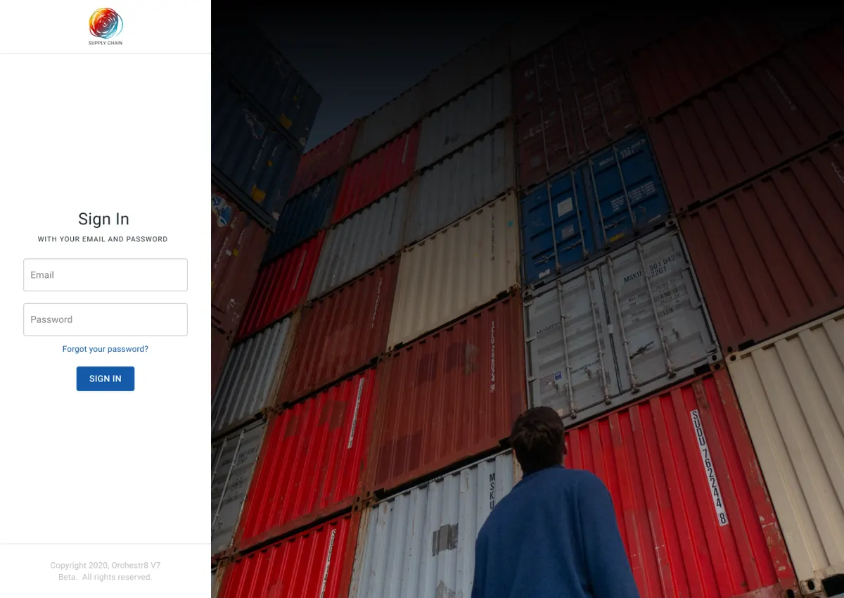 Sign-in screen over a photo of shipping containers.