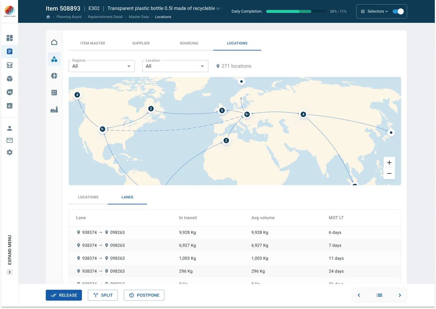 Supply chain screen with a world map of shipping lanes and a table of lanes, volumes and lead times.