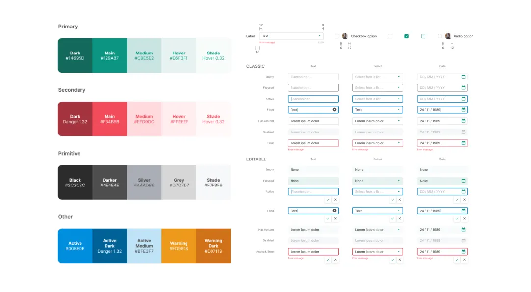 Style guide with color scales and form components.