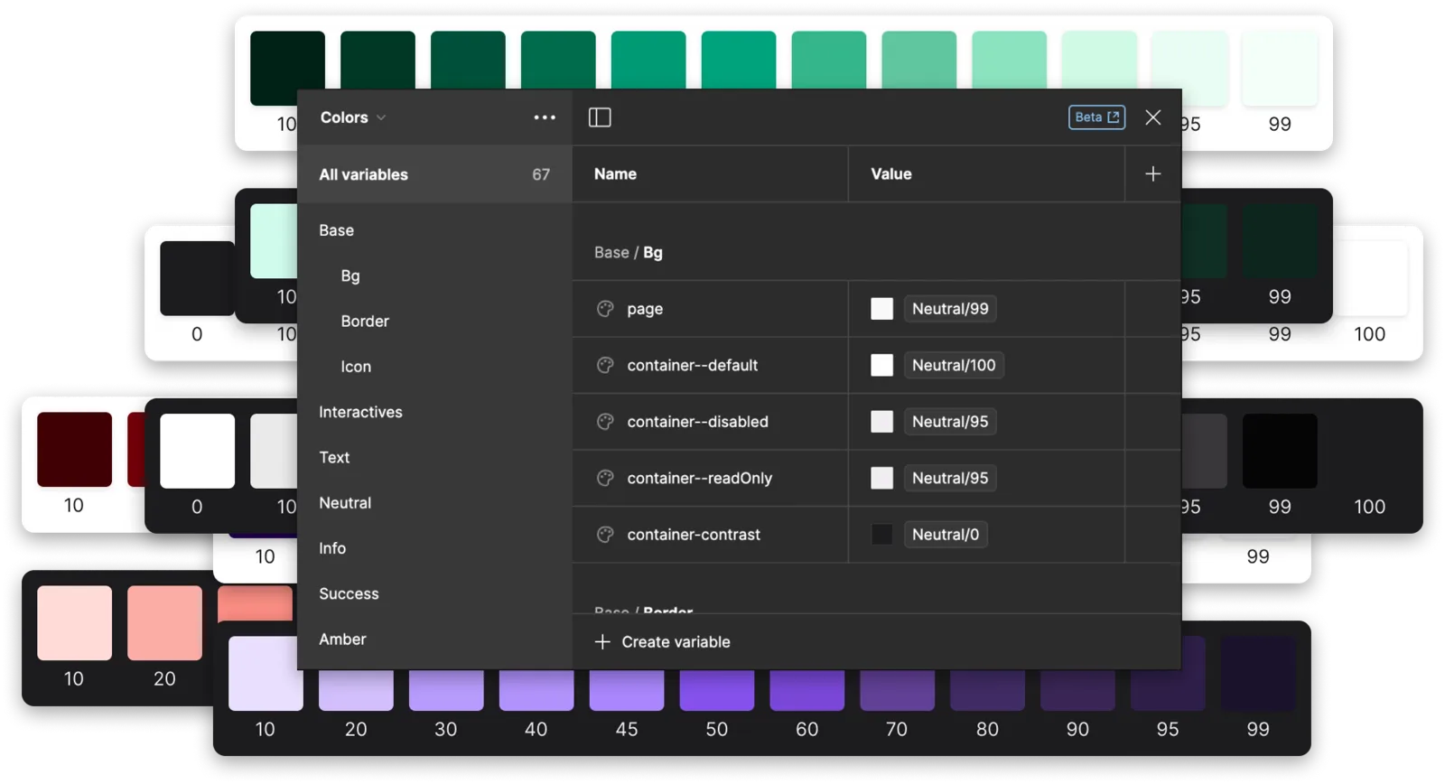Figma variables panel showing semantic color tokens such as container default, container disabled and container contrast, mapped to a neutral scale.